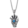 COOLSTEELANDBEYOND Gothic Steel Mens Vintage Skeleton Hand Spiked Claw Blue Evil Eye Pendant Necklace, 30 Inches Chain - coolsteelandbeyond