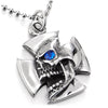 COOLSTEELANDBEYOND Gothic Steel Roaring Skull Cross Pendant Necklace with Blue Cubic Zirconia for Men - coolsteelandbeyond