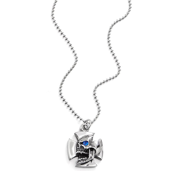 COOLSTEELANDBEYOND Gothic Steel Roaring Skull Cross Pendant Necklace with Blue Cubic Zirconia for Men - coolsteelandbeyond
