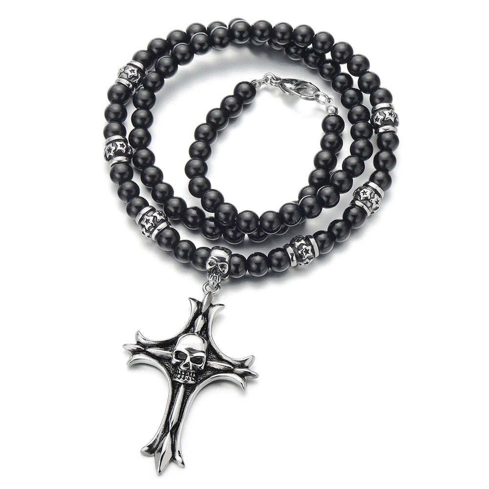 Gothic Style Black Onyx Beads Necklace for Men, Featuring