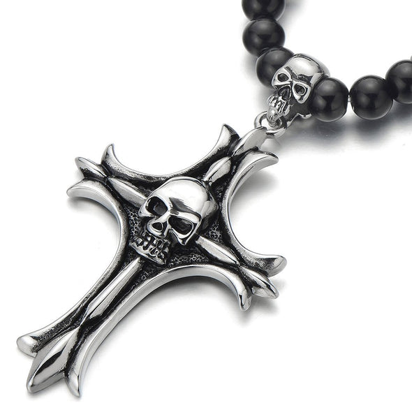 Gothic Style Black Onyx Beads Necklace for Men, Featuring Stainless Steel Cross Skulls, Ideal for Casual Wear or Themed Events - COOLSTEELANDBEYOND Jewelry