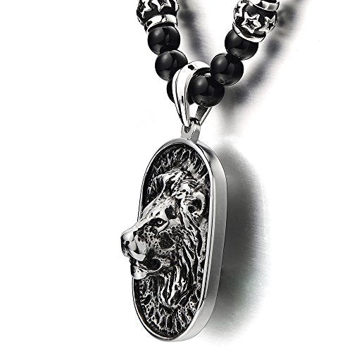 Gothic Style Mens Black Onyx Beads Necklace with Stainless Steel Lion Head Shield Pendant