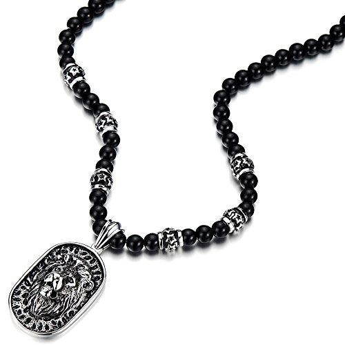 Gothic Style Mens Black Onyx Beads Necklace with Stainless Steel Lion Head Shield Pendant