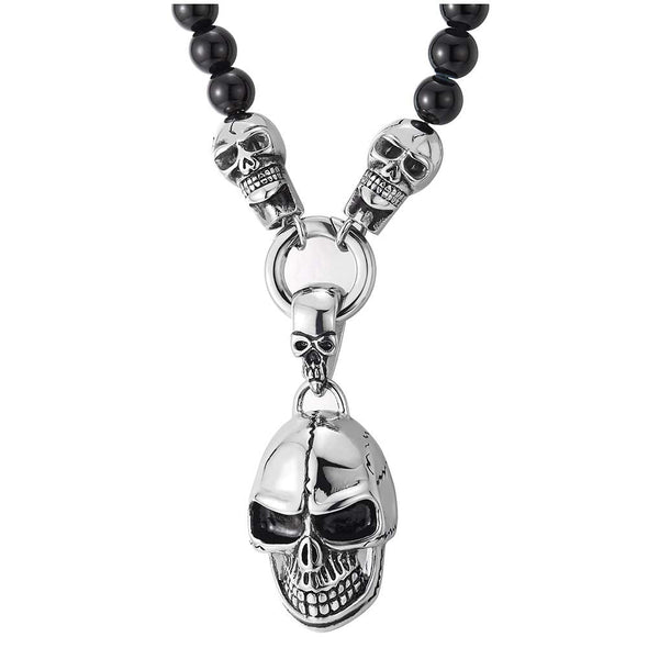 Gothic Style, Mens Women Black Onyx Beads Chain Necklace and Stainless Steel Vintage Skulls Pendant - COOLSTEELANDBEYOND Jewelry
