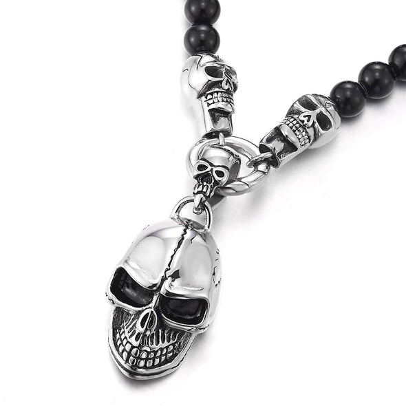 Gothic Style, Mens Women Black Onyx Beads Chain Necklace and Stainless Steel Vintage Skulls Pendant - COOLSTEELANDBEYOND Jewelry