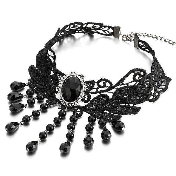 Gothic Victorian Nostalgic Black Lace Choker Necklace with Dangling Black Bead Charms Link Chain