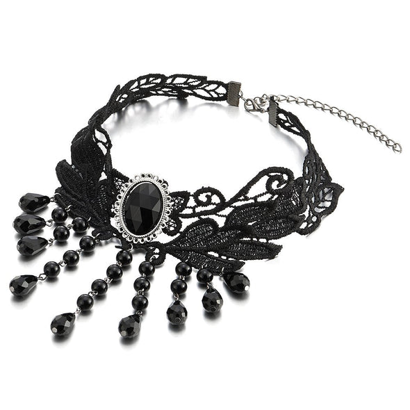 Gothic Victorian Nostalgic Black Lace Choker Necklace with Dangling Black Bead Charms Link Chain