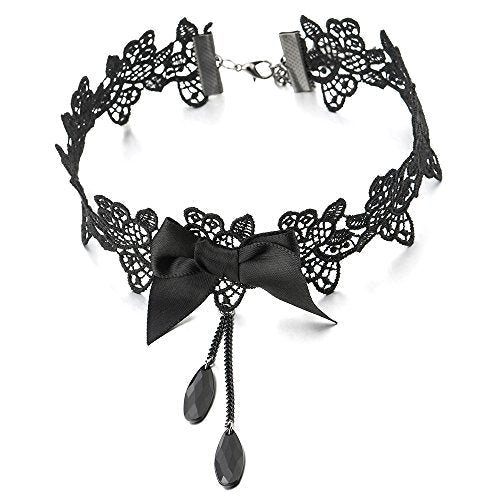 COOLSTEELANDBEYOND Gothic Victorian Nostalgic Women Black Lace Bow Choker Necklace with Black Chain Beads Charm Pendant - COOLSTEELANDBEYOND Jewelry