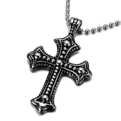 COOLSTEELANDBEYOND Gothic Vintage Cross Pendant Necklace Stainless Steel Unisex Silver Black Two-Tone 23.6 in Ball Chain - coolsteelandbeyond