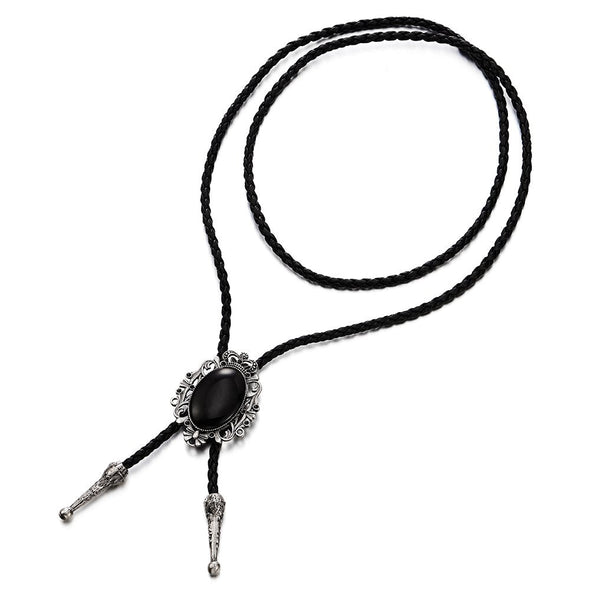 COOLSTEELANDBEYOND Gothic Vintage Oval Bolo Tie Necktie, Lariat Necklace, Leather Rodeo Long Y Necklace for Men Women - COOLSTEELANDBEYOND Jewelry