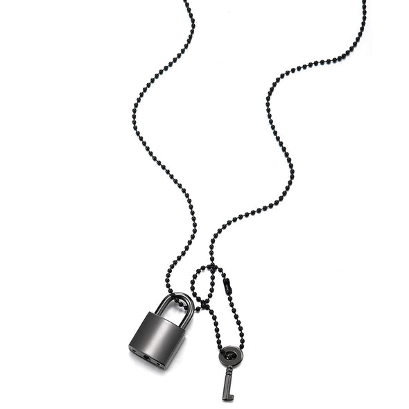 COOLSTEELANDBEYOND Grey Key and Lock Matching Set Pendant Necklace for Men Women, 28 Inches Black Ball Chain, - coolsteelandbeyond