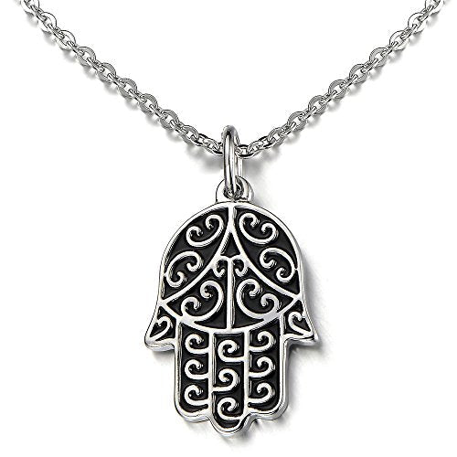 COOLSTEELANDBEYOND Hamsa Hand of Fatima Pendant Necklace Stainless Steel Silver Black Two -Tone with 20 inches Chain - COOLSTEELANDBEYOND Jewelry