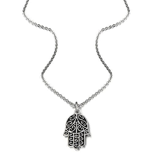 COOLSTEELANDBEYOND Hamsa Hand of Fatima Pendant Necklace Stainless Steel Silver Black Two -Tone with 20 inches Chain - COOLSTEELANDBEYOND Jewelry