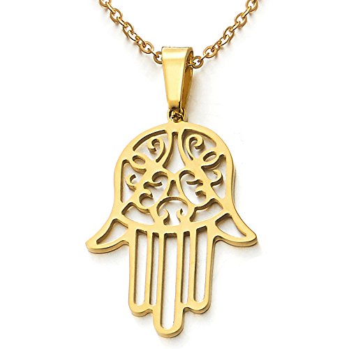 COOLSTEELANDBEYOND Hamsa Hand of Fatima Pendant Necklace Stainless Steel with 20 Inches Chain - COOLSTEELANDBEYOND Jewelry