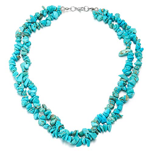 COOLSTEELANDBEYOND Hand-Made Two-Row Irregular Turquoise Beads Chains Choker Collar Necklace, Classic, Dress Event - coolsteelandbeyond