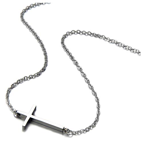 COOLSTEELANDBEYOND Horizontal Sideway Lateral Cross Pendant Necklace Stainless Steel with 20 inches Chain - coolsteelandbeyond
