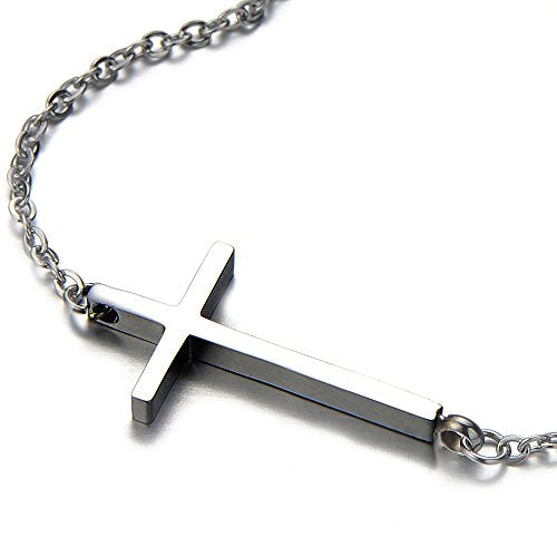 COOLSTEELANDBEYOND Horizontal Sideway Lateral Cross Pendant Necklace Stainless Steel with 20 inches Chain - coolsteelandbeyond