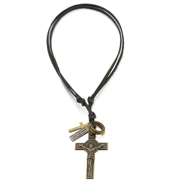 COOLSTEELANDBEYOND Jesus Christ Crucifix Cross Pendant Necklace for Men with Adjustable Black Leather Cord - coolsteelandbeyond