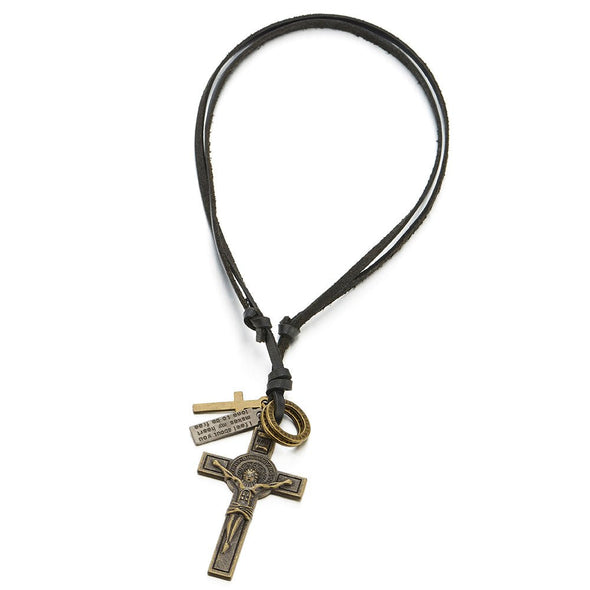COOLSTEELANDBEYOND Jesus Christ Crucifix Cross Pendant Necklace for Men with Adjustable Black Leather Cord - coolsteelandbeyond