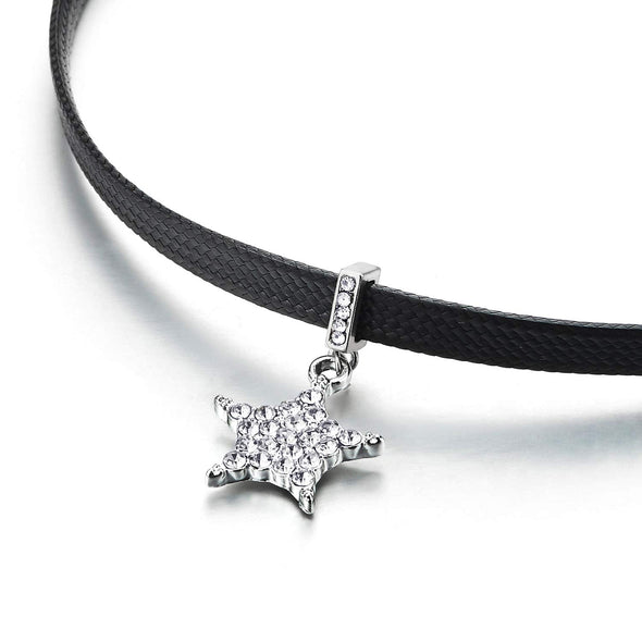 Ladies Black Braided Leather Choker Necklace with Dangling Cubic Zirconia Pave Star Charm Pendant - COOLSTEELANDBEYOND Jewelry