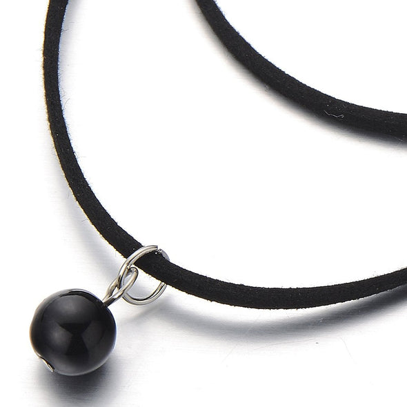 Ladies Black Choker Necklace with Black Bead Charm Pendant - COOLSTEELANDBEYOND Jewelry