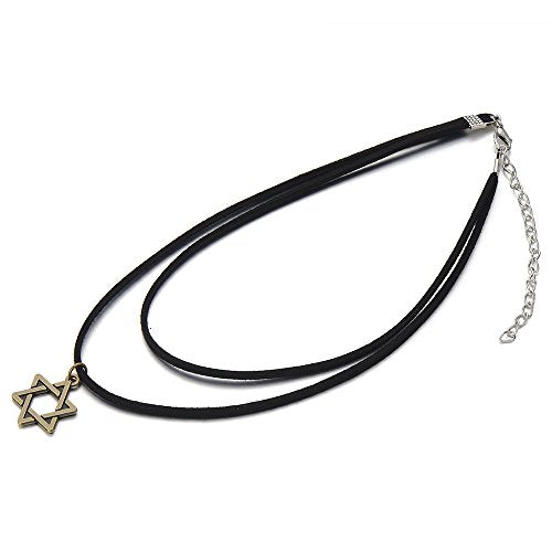 COOLSTEELANDBEYOND Ladies Black Choker Necklace with Star of David Charm Pendant - COOLSTEELANDBEYOND Jewelry