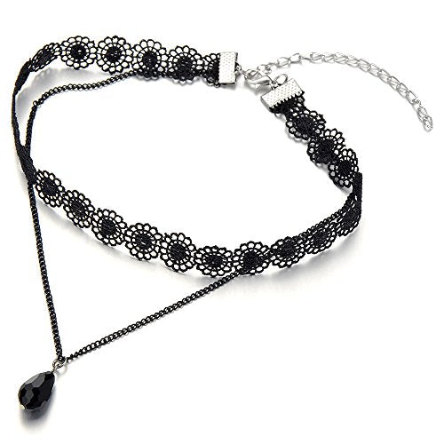 COOLSTEELANDBEYOND Ladies Black Lace Chain Tattoo Choker Necklace with Black Teardrop Bead Charm Pendant - COOLSTEELANDBEYOND Jewelry
