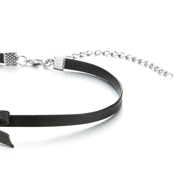 COOLSTEELANDBEYOND Ladies Black Leather Bow Choker Necklace Pendant - COOLSTEELANDBEYOND Jewelry