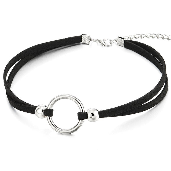 COOLSTEELANDBEYOND Ladies Womens Black Choker Necklace with Open Circle Charm and Beads Pendant - COOLSTEELANDBEYOND Jewelry