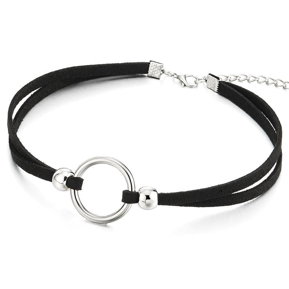 COOLSTEELANDBEYOND Ladies Womens Black Choker Necklace with Open Circle Charm and Beads Pendant - COOLSTEELANDBEYOND Jewelry