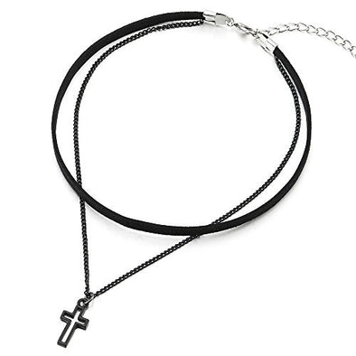 COOLSTEELANDBEYOND Ladies Womens Two-Rows Black Choker Necklace with Black Chain and Cross Charm Pendant - COOLSTEELANDBEYOND Jewelry