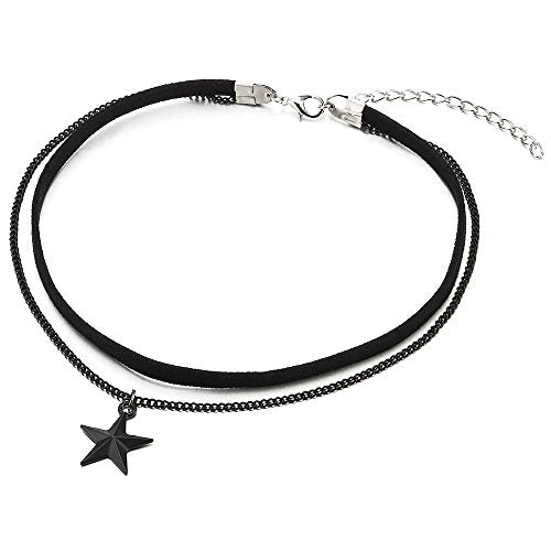 Ladies Womens Two-Rows Black Choker Necklace with Black Chain and ...