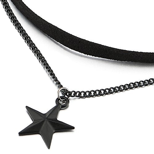 COOLSTEELANDBEYOND Ladies Womens Two-Rows Black Choker Necklace with Black Chain and Pentagram Star Charm Pendant - COOLSTEELANDBEYOND Jewelry
