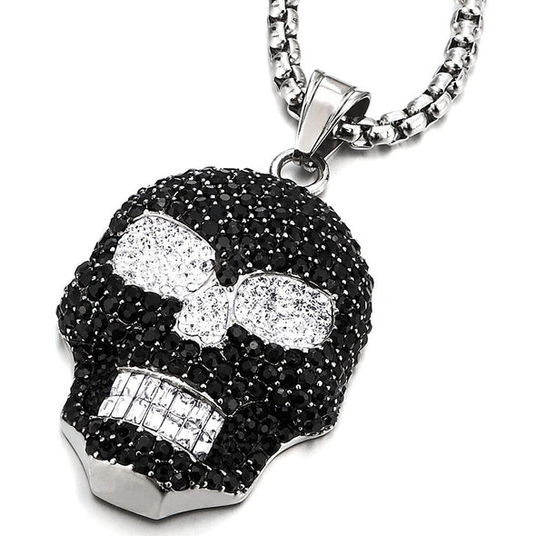 Large Solid Stainless Steel Sugar Skull Pendant Necklace Black White Cubic Zirconia, for Men Women - COOLSTEELANDBEYOND Jewelry