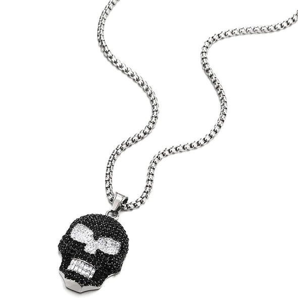 Large Solid Stainless Steel Sugar Skull Pendant Necklace Black White Cubic Zirconia, for Men Women - COOLSTEELANDBEYOND Jewelry