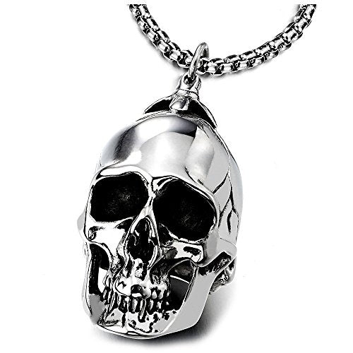COOLSTEELANDBEYOND Large Stainless Steel Skull Pendant Necklace for Men High Polished with 30 Inches Wheat Chain - coolsteelandbeyond