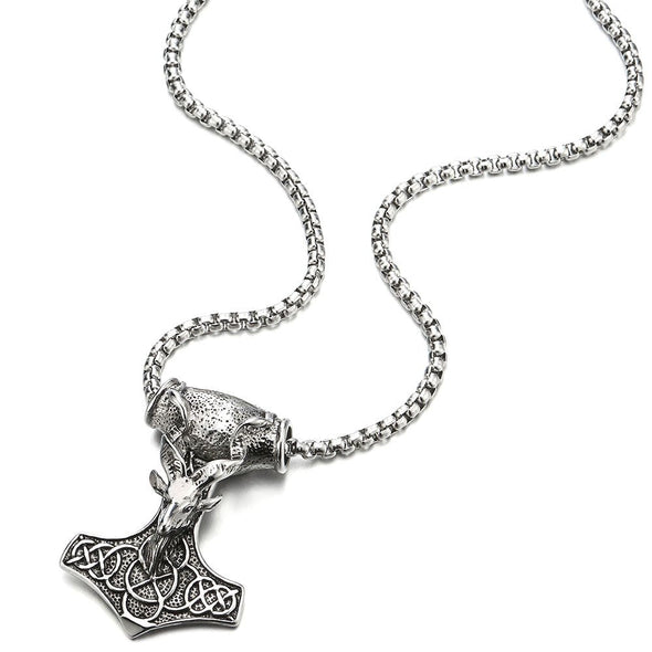 Large Steel Mens Thors Hammer Pendant Necklace with Goat Head and Irish Celtic Knot, 30 Inches Chain