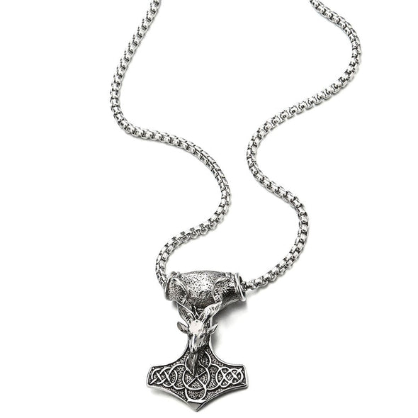 Large Steel Mens Thors Hammer Pendant Necklace with Goat Head and Irish Celtic Knot, 30 Inches Chain - COOLSTEELANDBEYOND Jewelry
