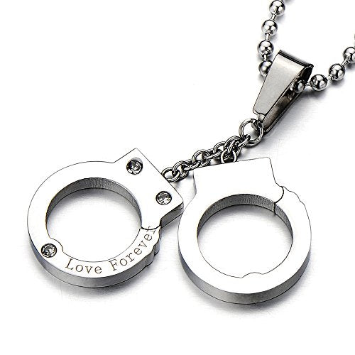 Love Double Handcuffs Pendant Necklace Stainless Steel with Cubic Zirconia - COOLSTEELANDBEYOND Jewelry