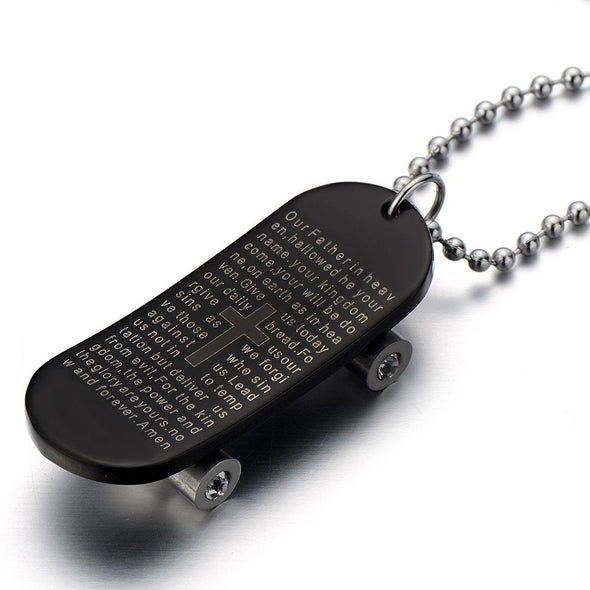 Man’s Stainless Steel Skateboard Pendant Necklace Silver Black Two-Tone with 23.6 in Ball Chain - COOLSTEELANDBEYOND Jewelry