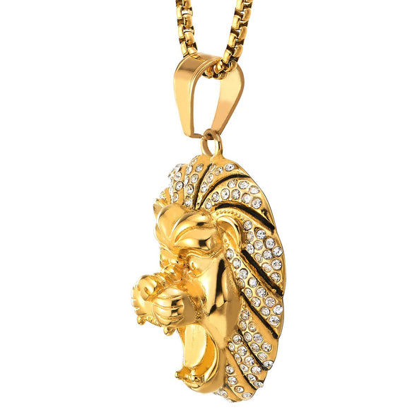 Man Women Gold Color Steel Lion King Pendant Necklace with Cubic Zirconia and Black Enamel Stripes - COOLSTEELANDBEYOND Jewelry