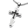 COOLSTEELANDBEYOND Masculine Mens Tri-Layers Large Silver Black Cross Pendant Necklace Steel, 30 inches Wheat Chain - coolsteelandbeyond
