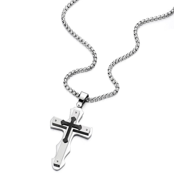 COOLSTEELANDBEYOND Masculine Mens Tri-Layers Large Silver Black Cross Pendant Necklace Steel, 30 inches Wheat Chain - coolsteelandbeyond