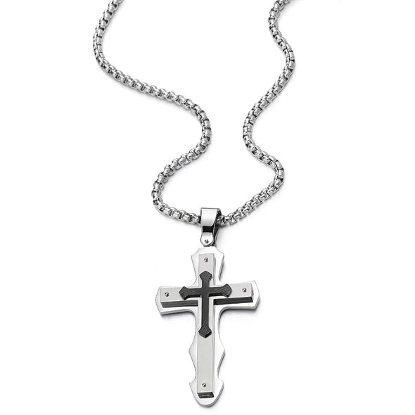 COOLSTEELANDBEYOND Masculine Mens Tri-Layers Large Silver Black Cross Pendant Necklace Steel, 30 inches Wheat Chain - coolsteelandbeyond