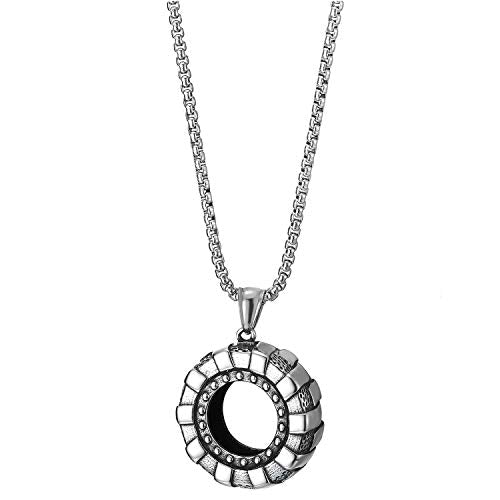 COOLSTEELANDBEYOND Masculine Mens Vintage Stainless Steel Tire Ring Pendant Necklace, 30 inches Wheat Chain - coolsteelandbeyond