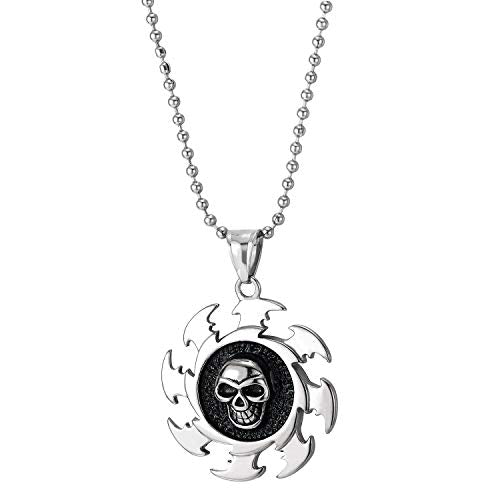 COOLSTEELANDBEYOND Men Stainless Steel Skull Saw Blade Medal Pendant Necklace with Black Enamel, 30 inches Ball Chain - coolsteelandbeyond