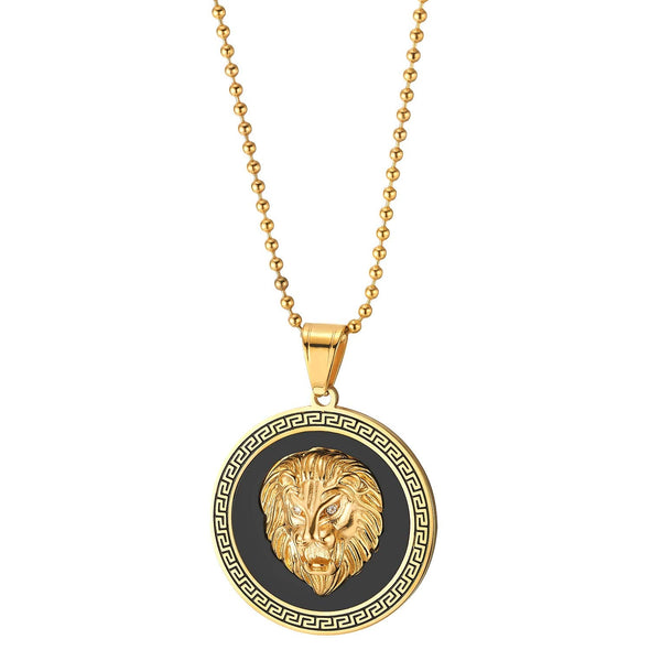 COOLSTEELANDBEYOND Men Steel Lion Head Circle Medal Pendant Necklace with CZ, Black Onyx, Greek Key, Silver Black - coolsteelandbeyond