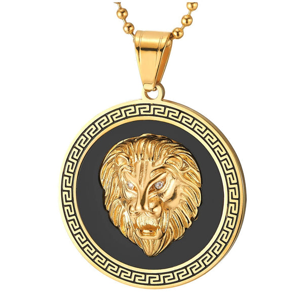 COOLSTEELANDBEYOND Men Steel Lion Head Circle Medal Pendant Necklace with CZ, Black Onyx, Greek Key, Silver Black - coolsteelandbeyond
