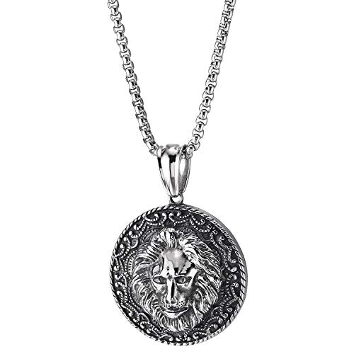 COOLSTEELANDBEYOND Men Steel Lion Head Circle Medal Pendant Necklace with Tattoo Pattern, Vintage Tribal, 30 in Chain - coolsteelandbeyond