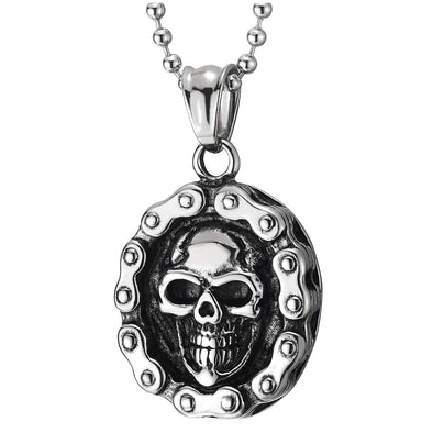 Men Steel Motorcycle Bike Chain Skulls Oval Medal Pendant Necklace with 23.6 inches Ball Chain - COOLSTEELANDBEYOND Jewelry